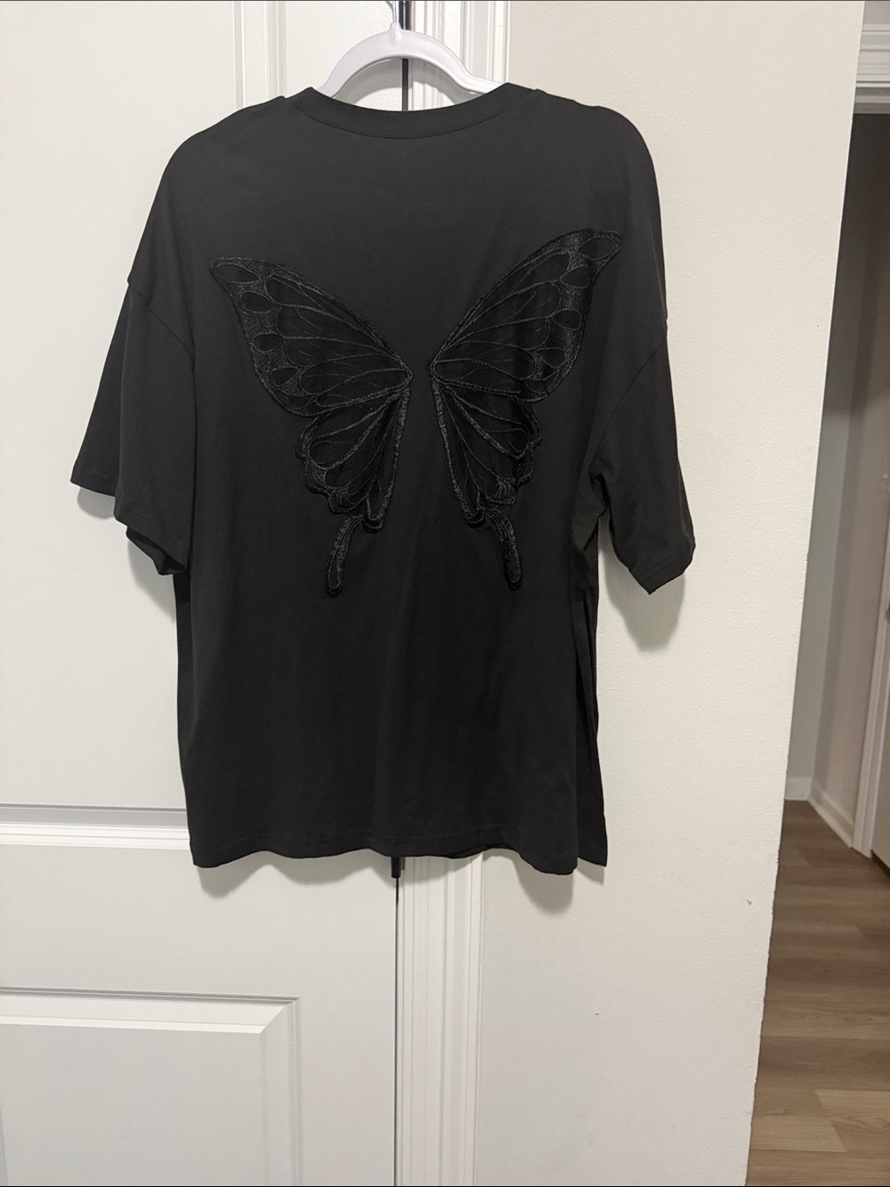 SHEIN Black Short Sleeve Top with Embroidered Butterfly Back